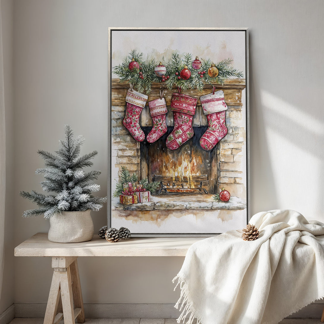 Framed Wall Art: Watercolor Christmas scene with stockings & fireplace. Warm red, green, and beige palette. Perfect holiday decor for your home!