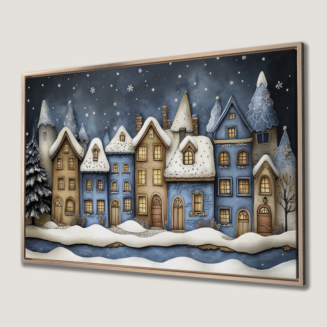 Framed Wall Art: Winter village scene in watercolor style, featuring cozy houses with snow, blue, and warm tones. Perfect for holiday decor.