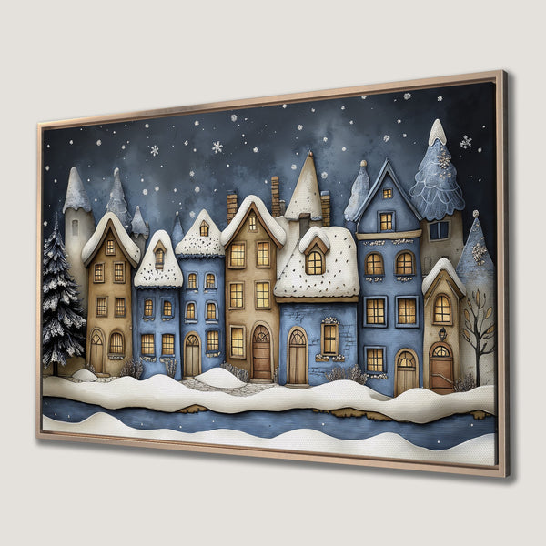 Framed Wall Art: Winter village scene in watercolor style, featuring cozy houses with snow, blue, and warm tones. Perfect for holiday decor.
