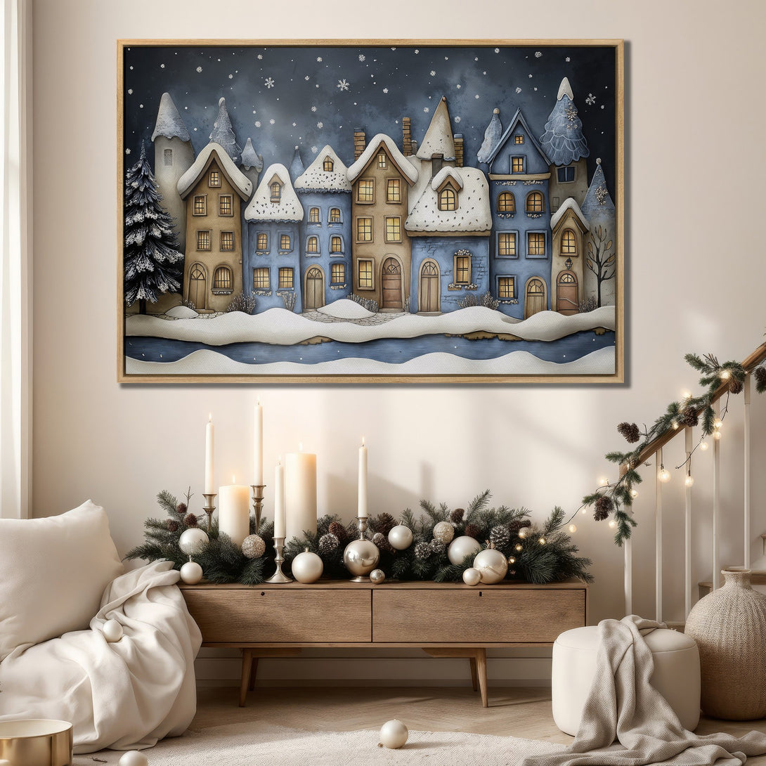 Framed Wall Art: Winter village scene in blue and beige tones. Cozy, whimsical illustration style. Perfect for holiday decor and adding warmth to your home.