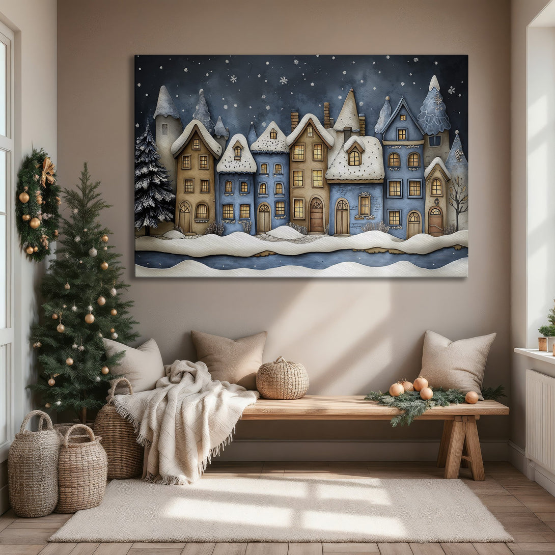 Framed Wall Art: Winter village scene in blue & brown tones. Cozy, whimsical style Canvas Print perfect for holiday decor.