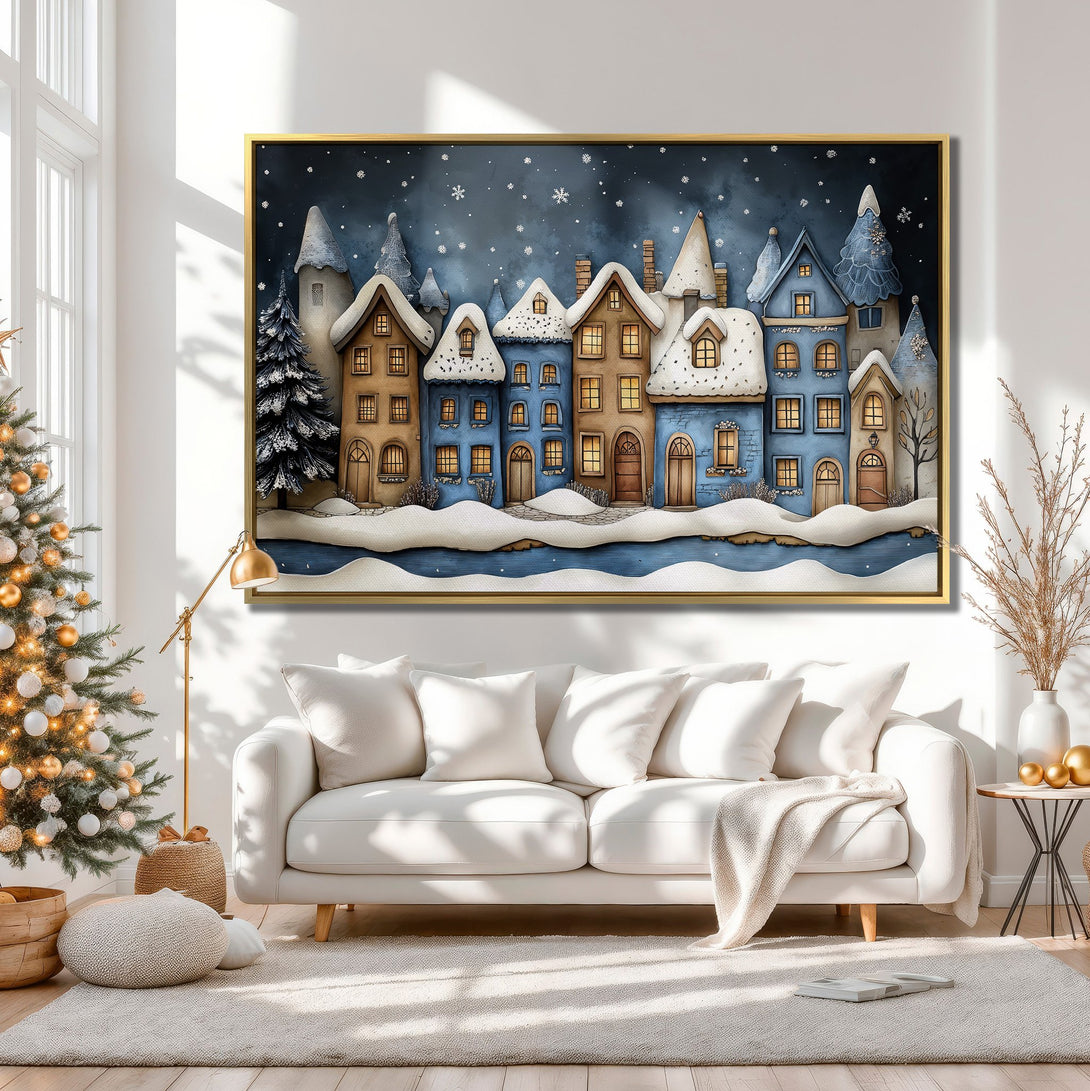 Canvas Print of winter village scene in blue and beige tones, perfect for cozy holiday decor.