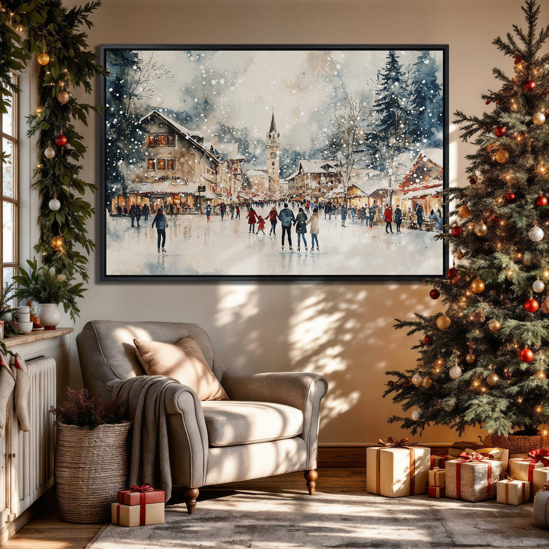Framed Wall Art: Watercolor winter scene canvas print in cool blue and warm tones. Perfect holiday decor for cozy living rooms.