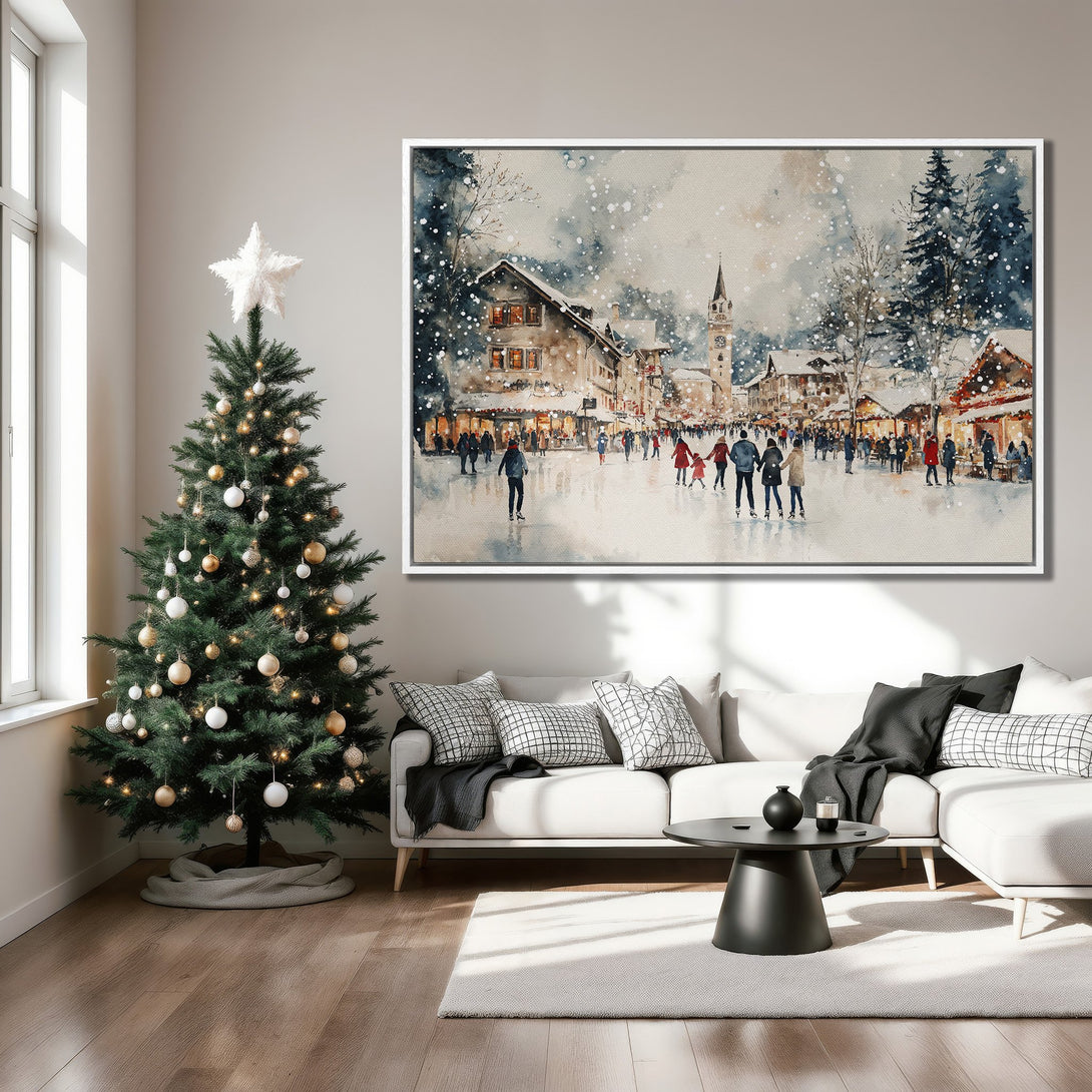 Framed Wall Art: Watercolor winter scene with snowy village, blue & brown tones. Perfect for holiday decor! Shop our Canvas Print collection today.