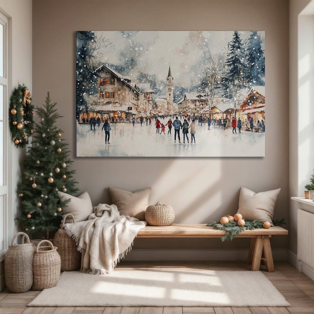 Framed Wall Art: Winter scene watercolor painting in cool blues & warm tones. Perfect for cozy interiors. Add a touch of winter charm to your space!