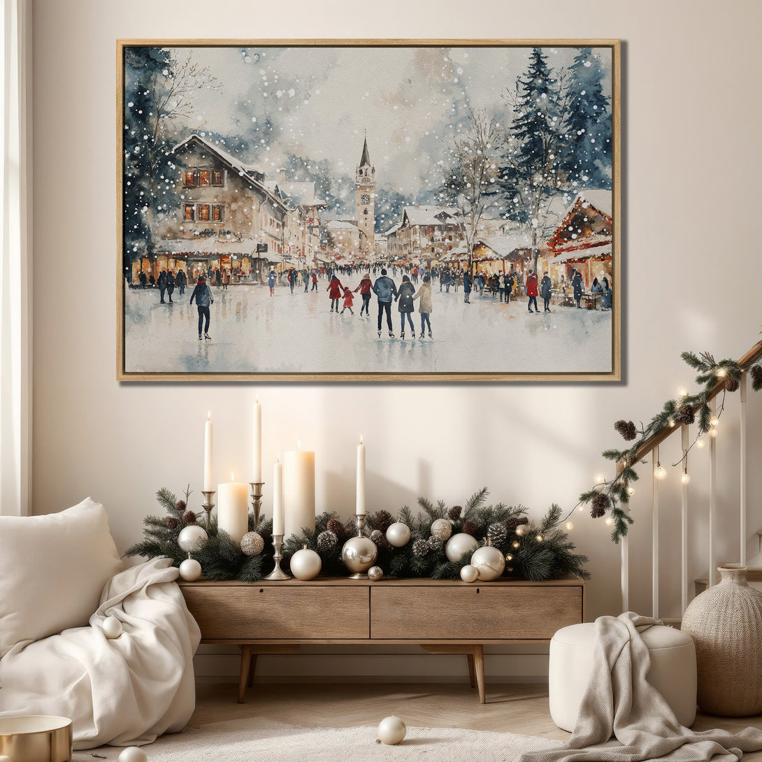 Framed Wall Art: Watercolor winter scene with ice skaters, featuring a snowy village in blue and brown tones. Bring cozy charm to your home!