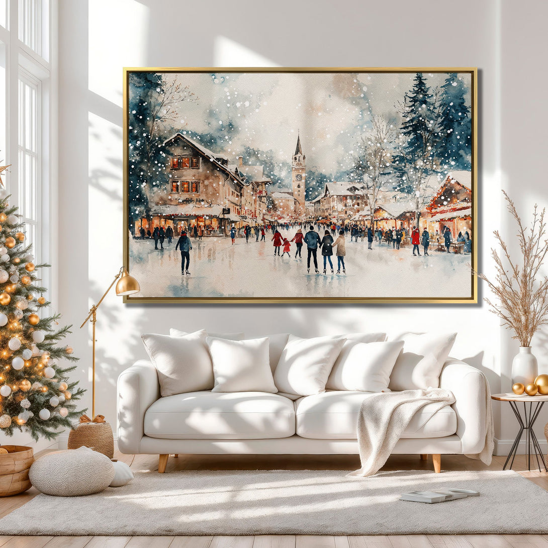 Canvas Print of a winter village scene in watercolor style. Features a snowy landscape with a neutral color palette, perfect for cozy interiors.
