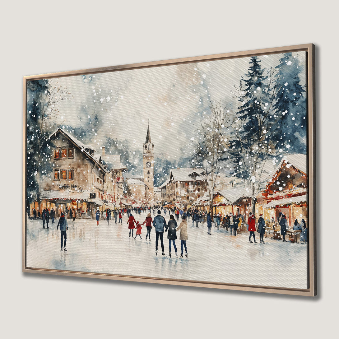 Framed Wall Art: Watercolor winter scene with ice skating, buildings, and snowfall. Blue, beige, and red color palette. Perfect for holiday decor.