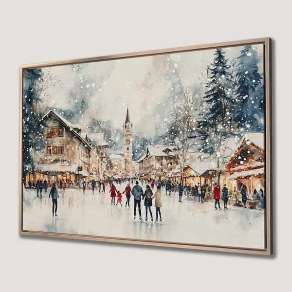 Framed Wall Art: Watercolor winter scene with ice skating, buildings, and snowfall. Blue, beige, and red color palette. Perfect for holiday decor.