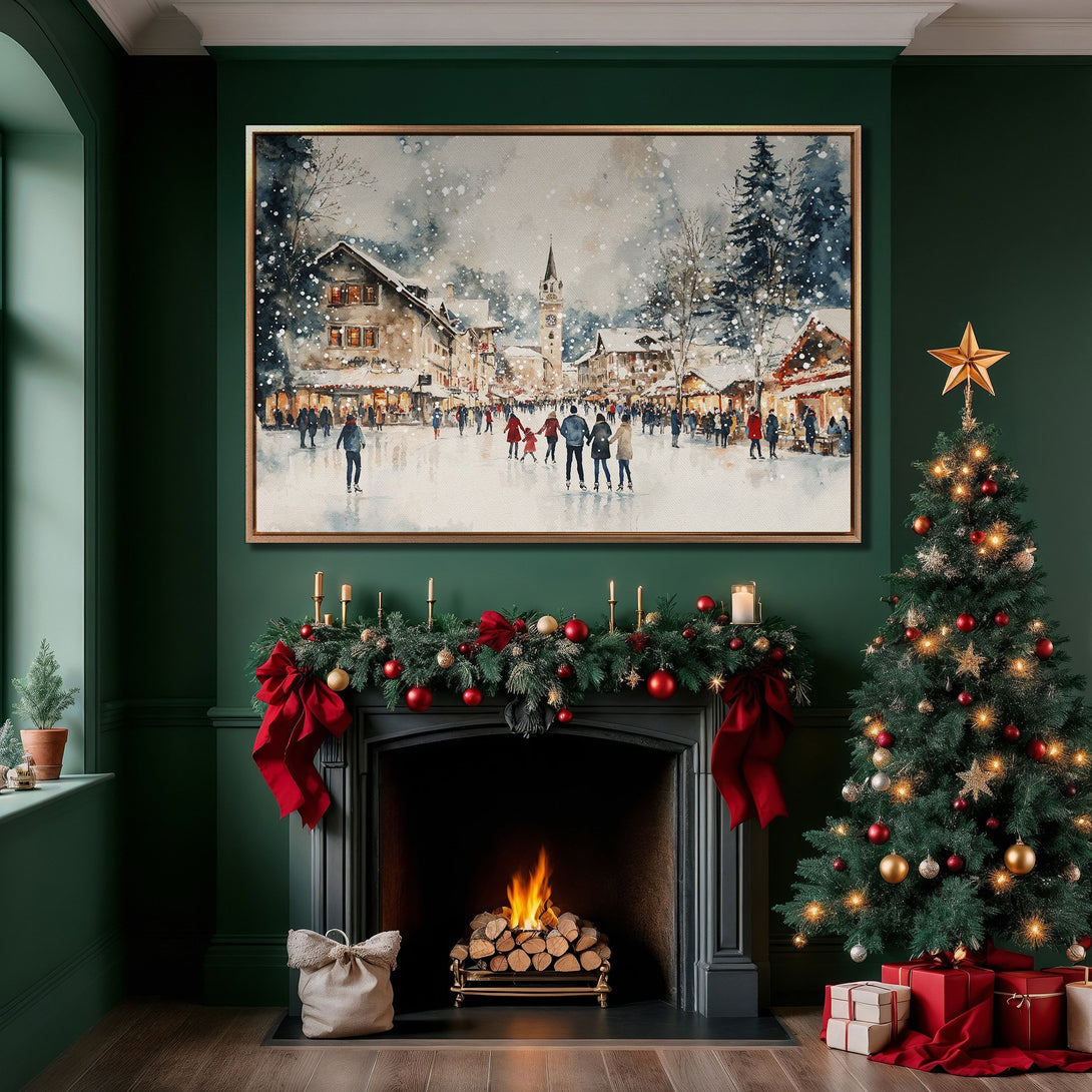 Framed Wall Art: Watercolor winter scene canvas print, showcasing a snowy village with skaters. Rich emerald green, red, and gold holiday decor. Perfect Christmas art.