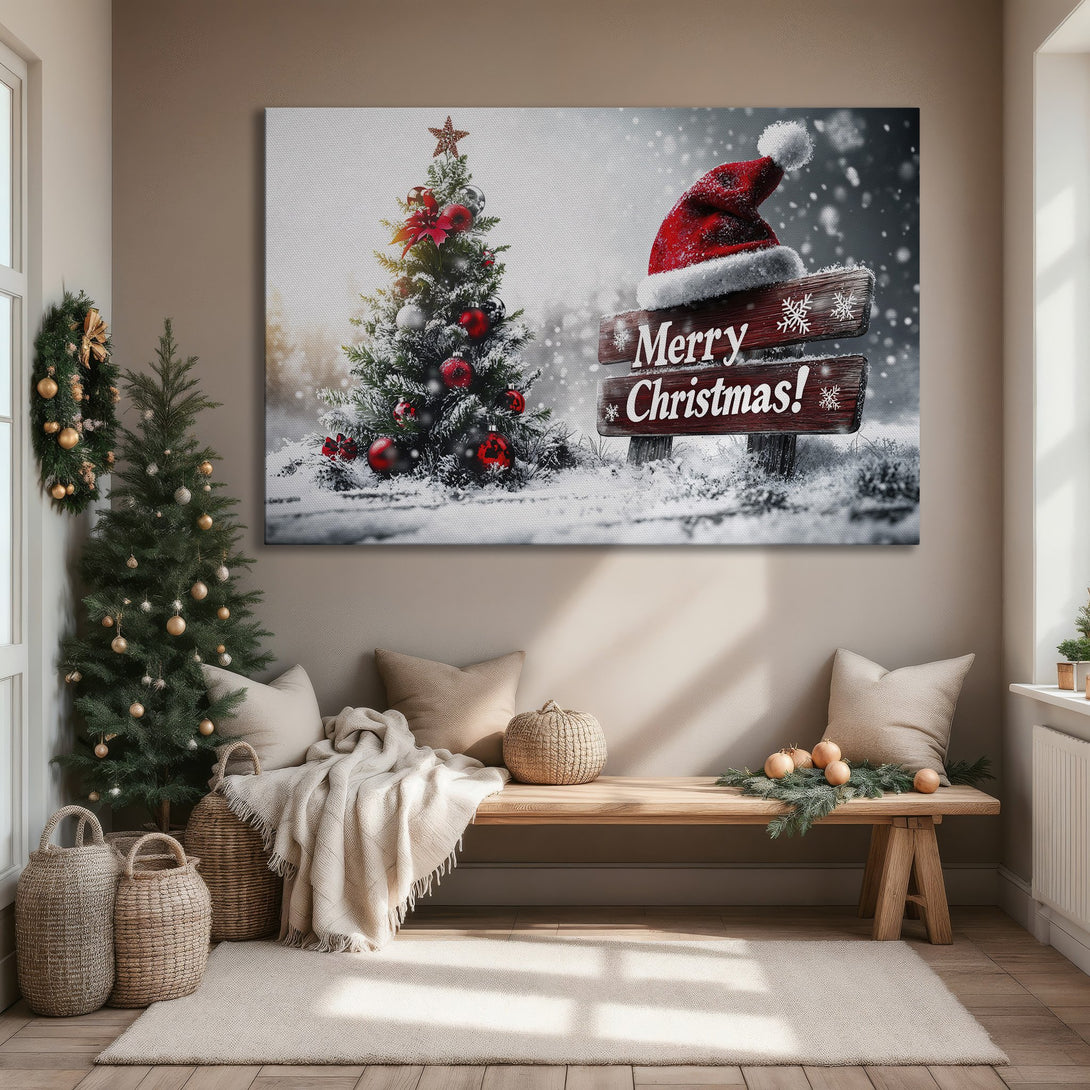 Framed Wall Art: Festive Christmas scene with red & white accents. Cozy winter decor in a modern living room. Perfect holiday gift!
