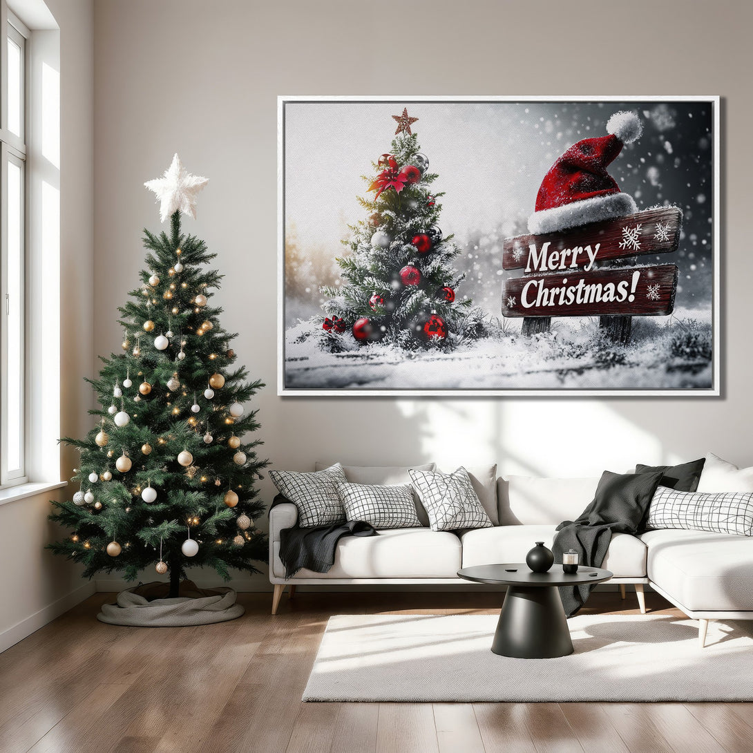 Framed Wall Art: Festive Christmas scene with a snowy tree and "Merry Christmas" sign. Warm reds and greens create a cozy, holiday vibe for your home decor.