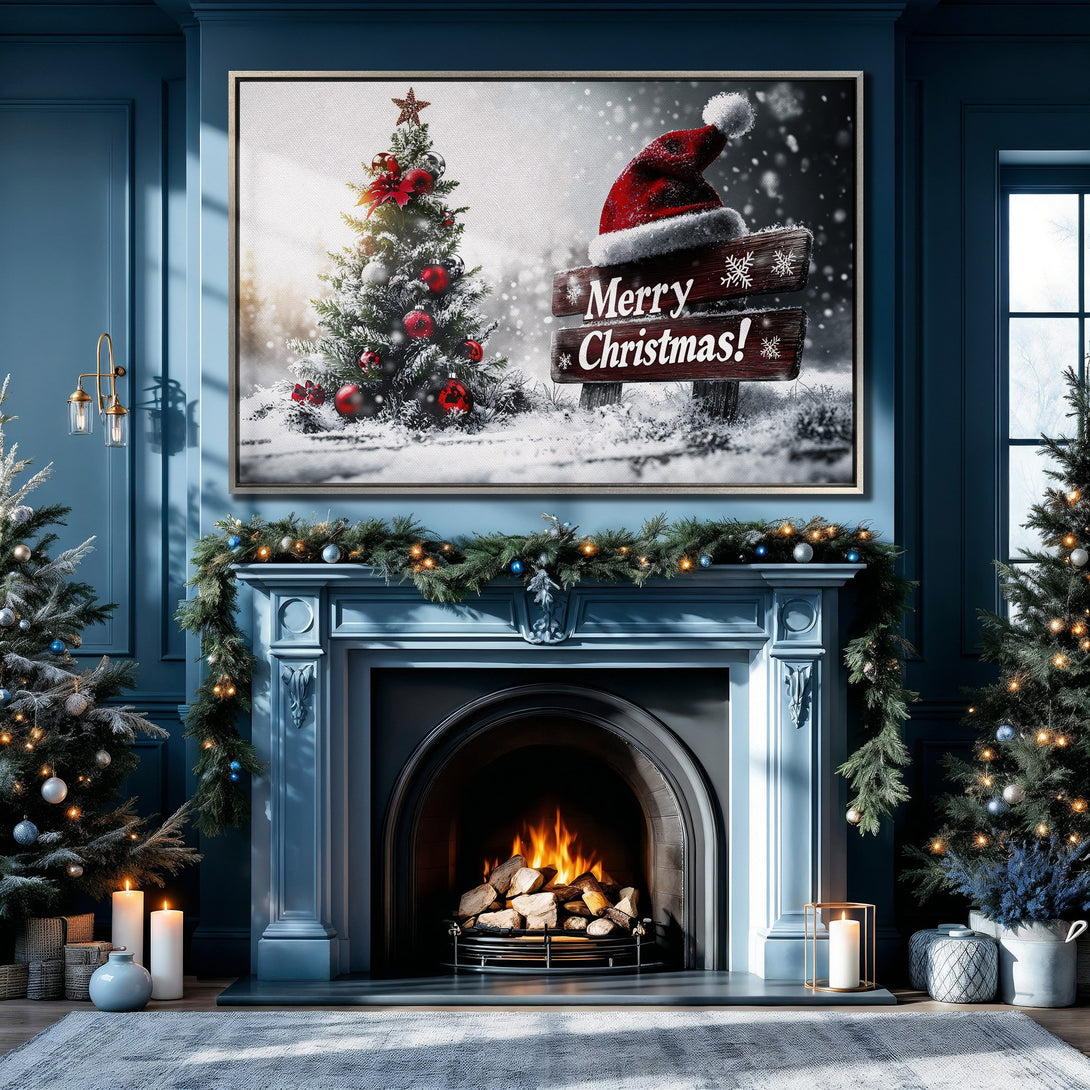 Framed Wall Art: Festive Christmas scene in a cozy blue interior. Canvas Print features a snowy tree & Santa hat. Perfect holiday decor!