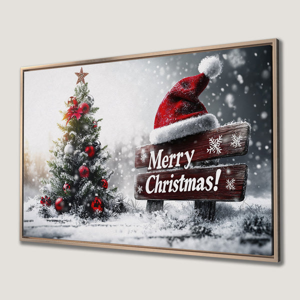 Framed Wall Art: Festive Christmas scene with snowy tree, Santa hat, and "Merry Christmas" sign. Red and white color palette for cozy holiday decor.