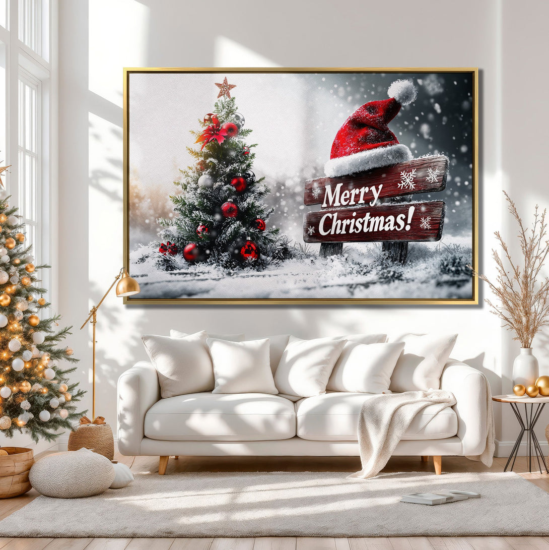 Canvas Print: Festive Christmas scene with a snowy tree and Santa hat, in a cozy interior. Warm neutral tones with pops of red. Perfect holiday decor!