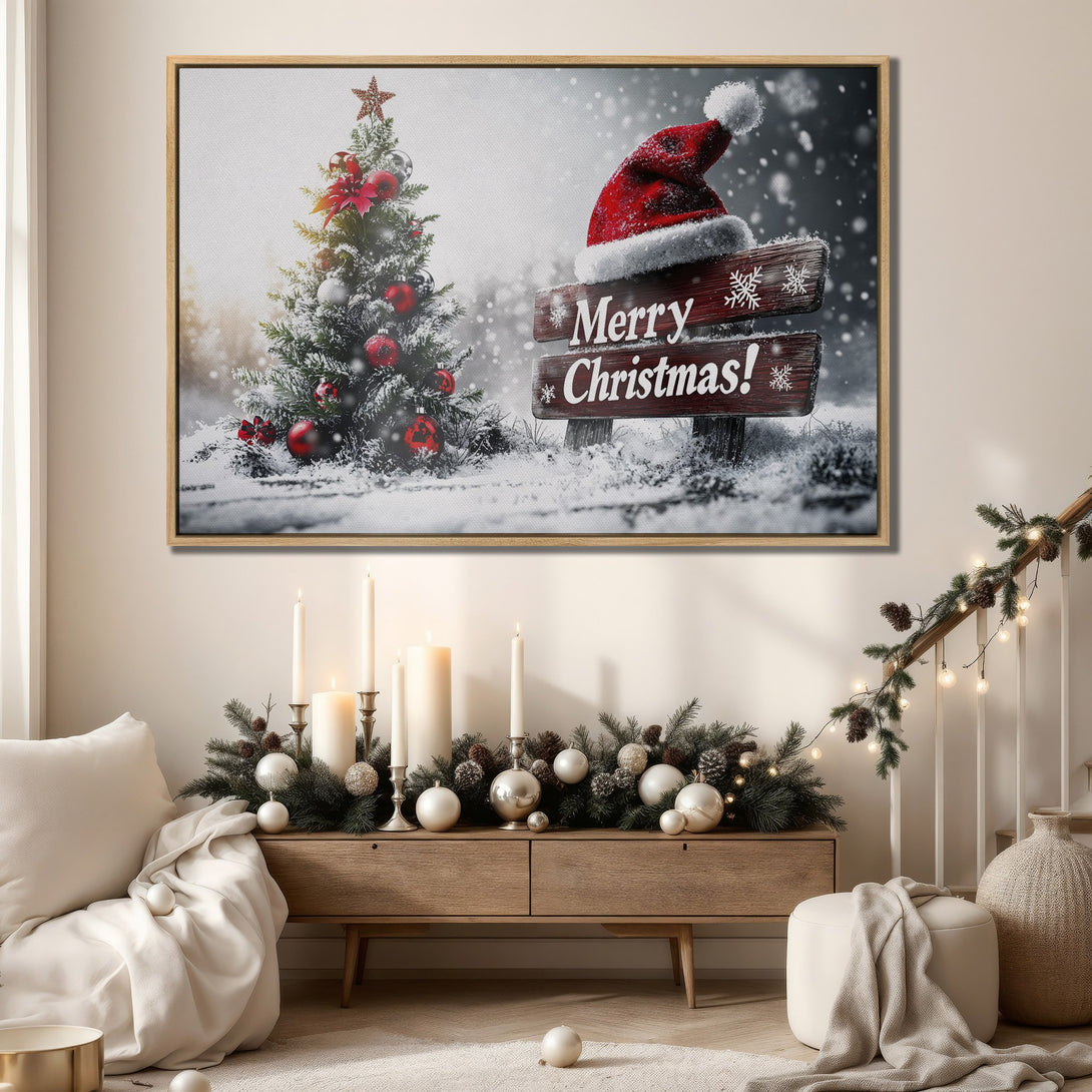 Framed Wall Art: Festive Christmas scene with snowy tree and "Merry Christmas" sign. Warm, neutral interior with red and white accents. Perfect holiday decor!