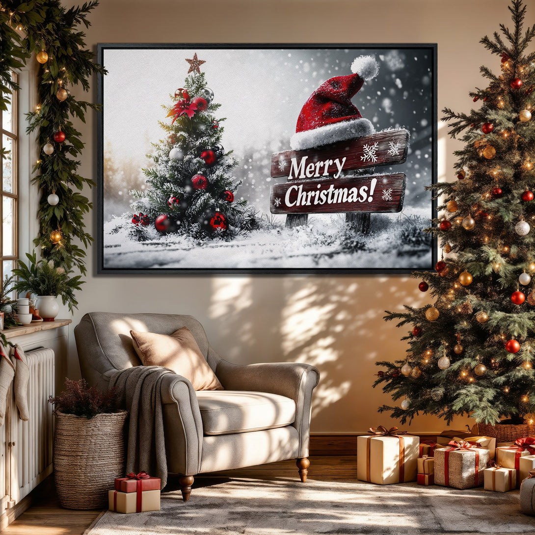 Framed Wall Art: Festive Christmas scene with snowy trees, red accents, and "Merry Christmas" sign. Warm, inviting colors perfect for holiday decor.