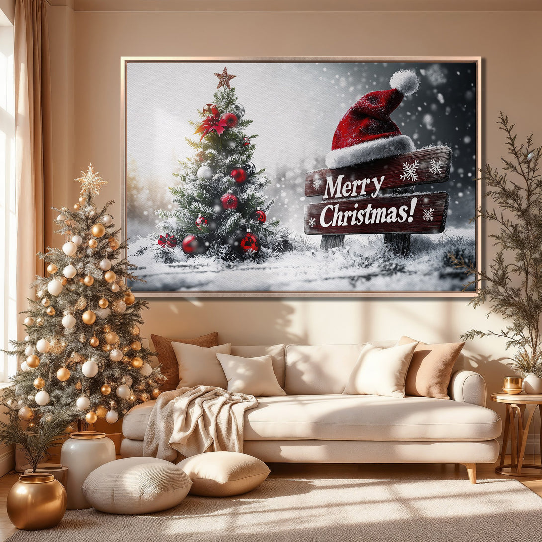Framed Wall Art: Festive Christmas scene with a snowy tree and "Merry Christmas" sign. Warm neutral tones with pops of red, perfect holiday decor.