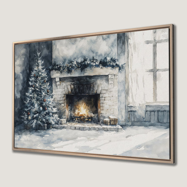 Framed Wall Art: Watercolor Christmas scene with a tree and fireplace in a cool blue and gray palette. Perfect holiday decor!