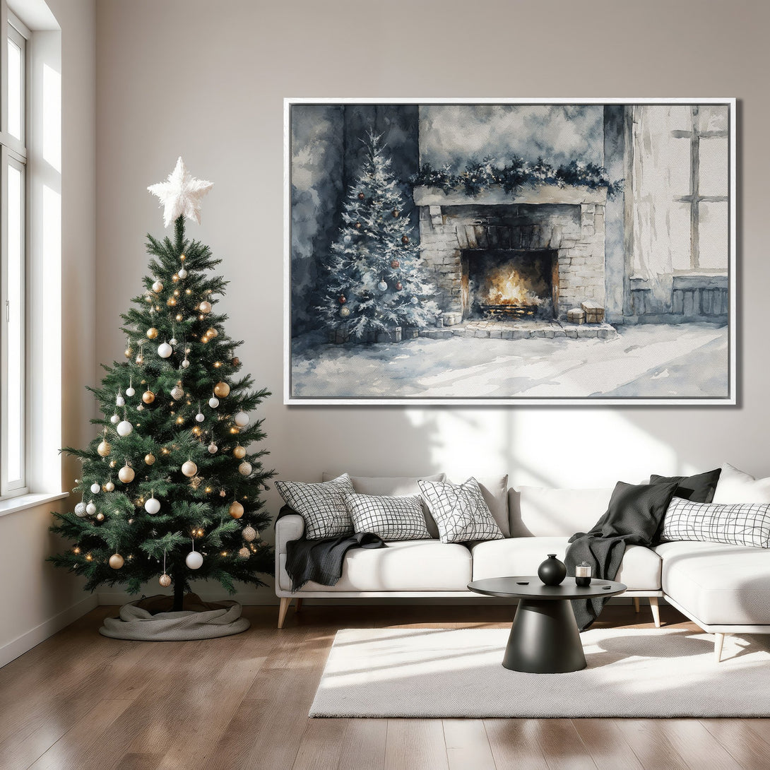 Framed Wall Art: Watercolor Christmas scene in a cozy living room. Blue and gray tones create a wintery feel. Perfect holiday decor!