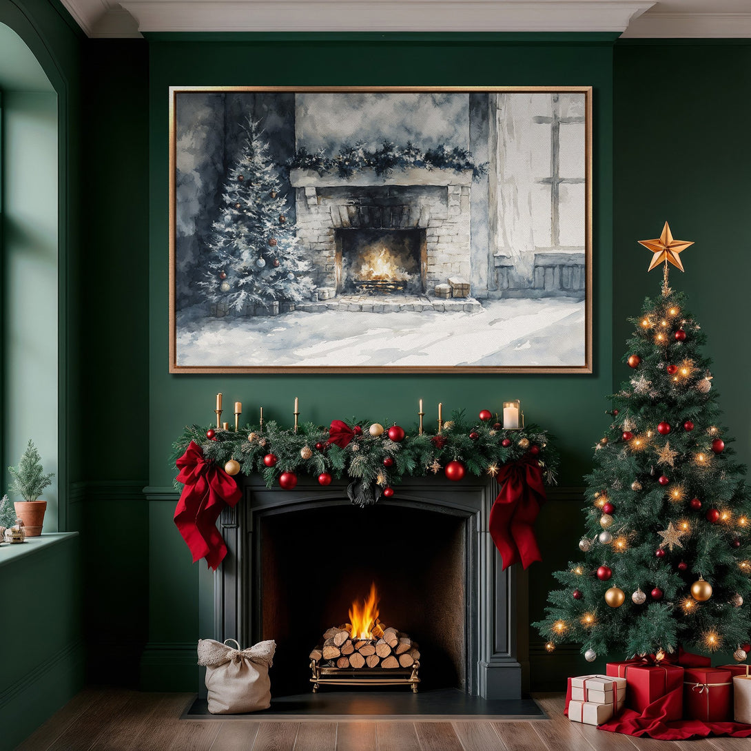 Framed Wall Art: Watercolor Christmas scene in a cozy interior with a green and red color palette. Perfect holiday decor for your home!