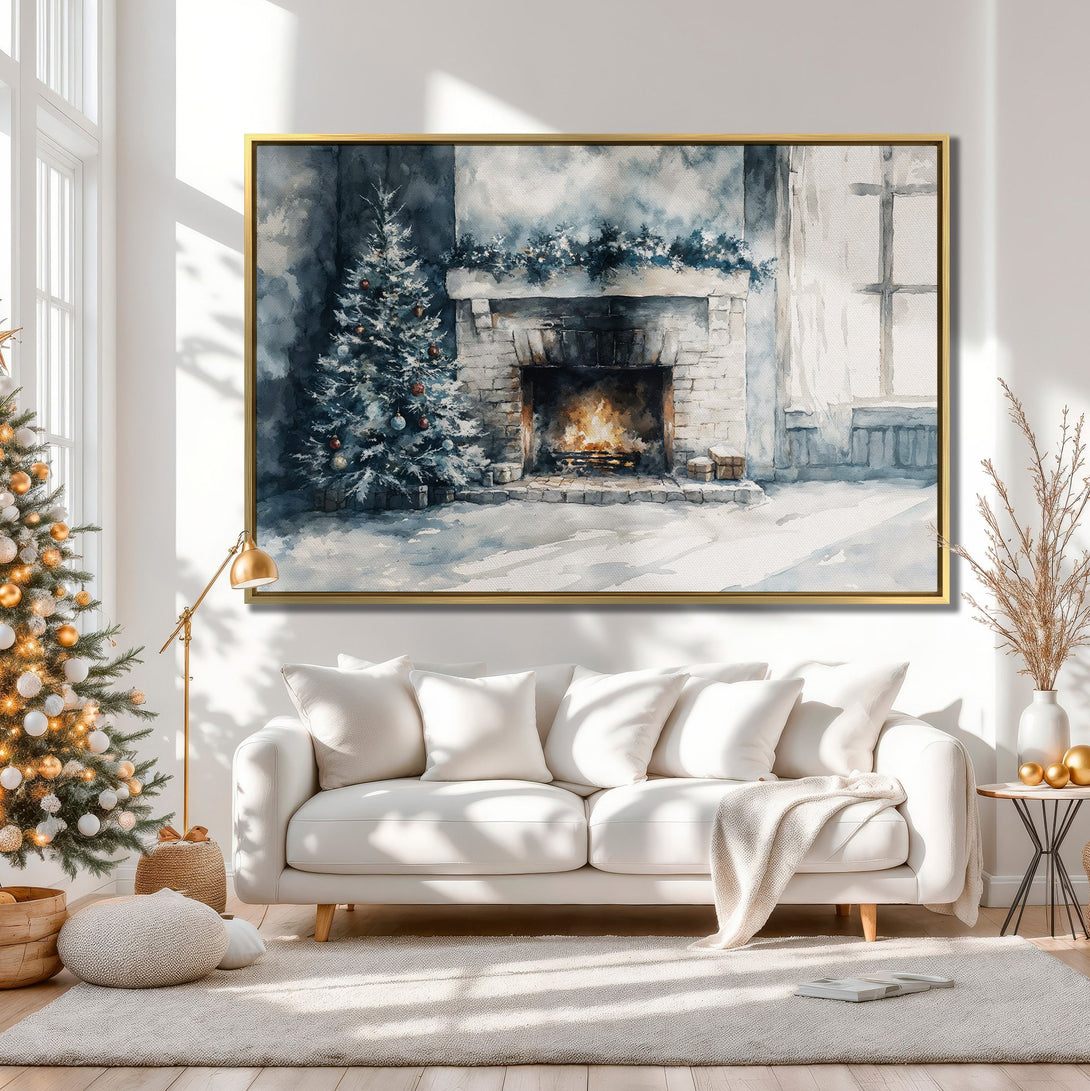 Canvas Print of a cozy Christmas scene with a fireplace, snowy landscape, and blue-gray watercolor palette. Perfect holiday decor!