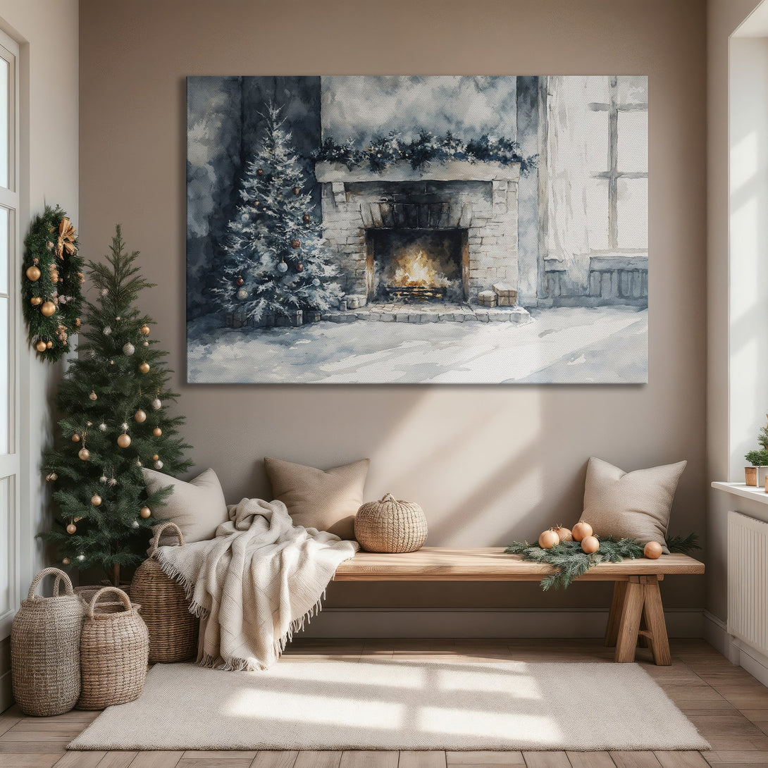 Framed Wall Art: Watercolor painting of a cozy Christmas scene with a fireplace and tree. Features a blue and white color palette, perfect for holiday decor.