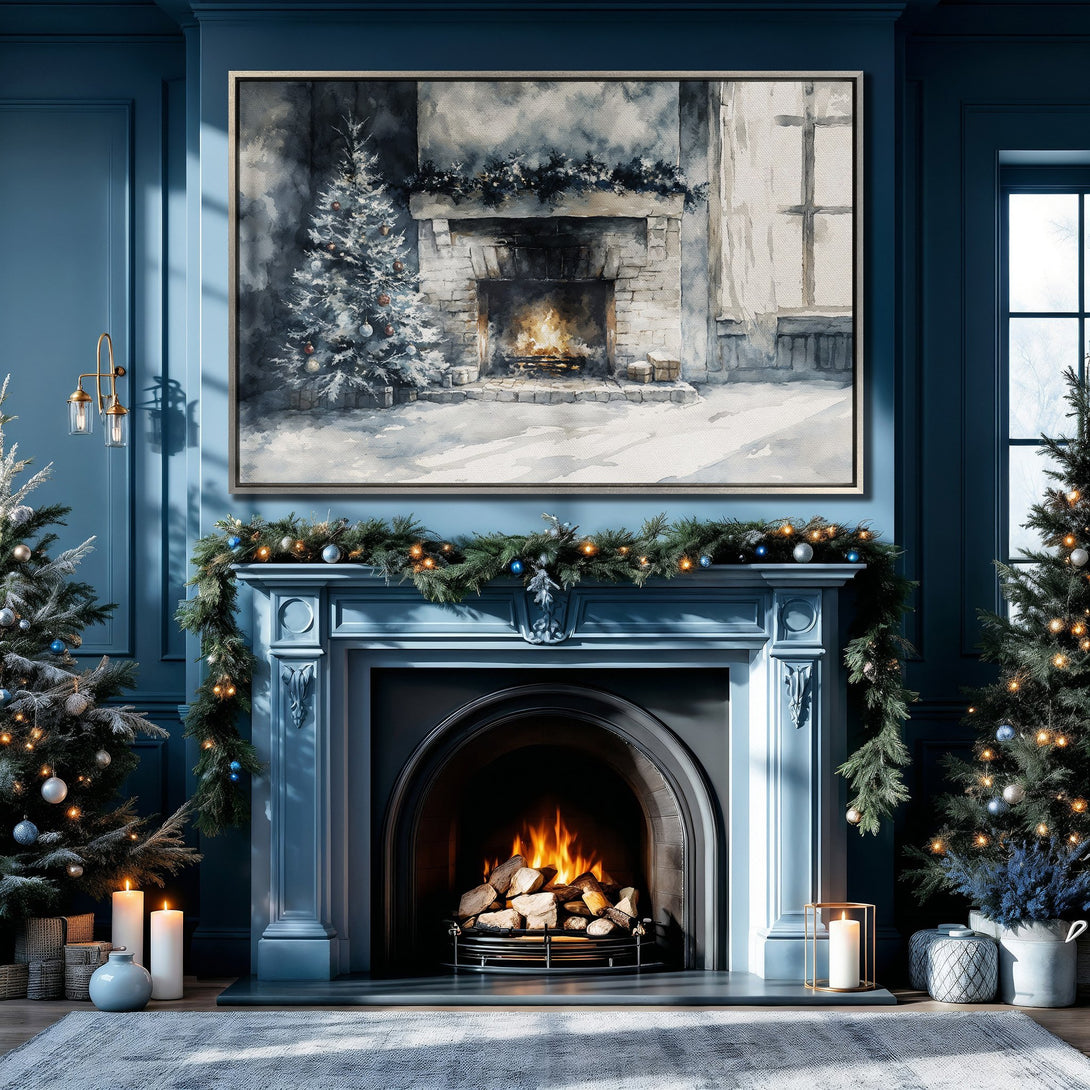 Framed Wall Art featuring a watercolor winter scene above a fireplace. Cozy, blue and gray color palette. Perfect for holiday decor.