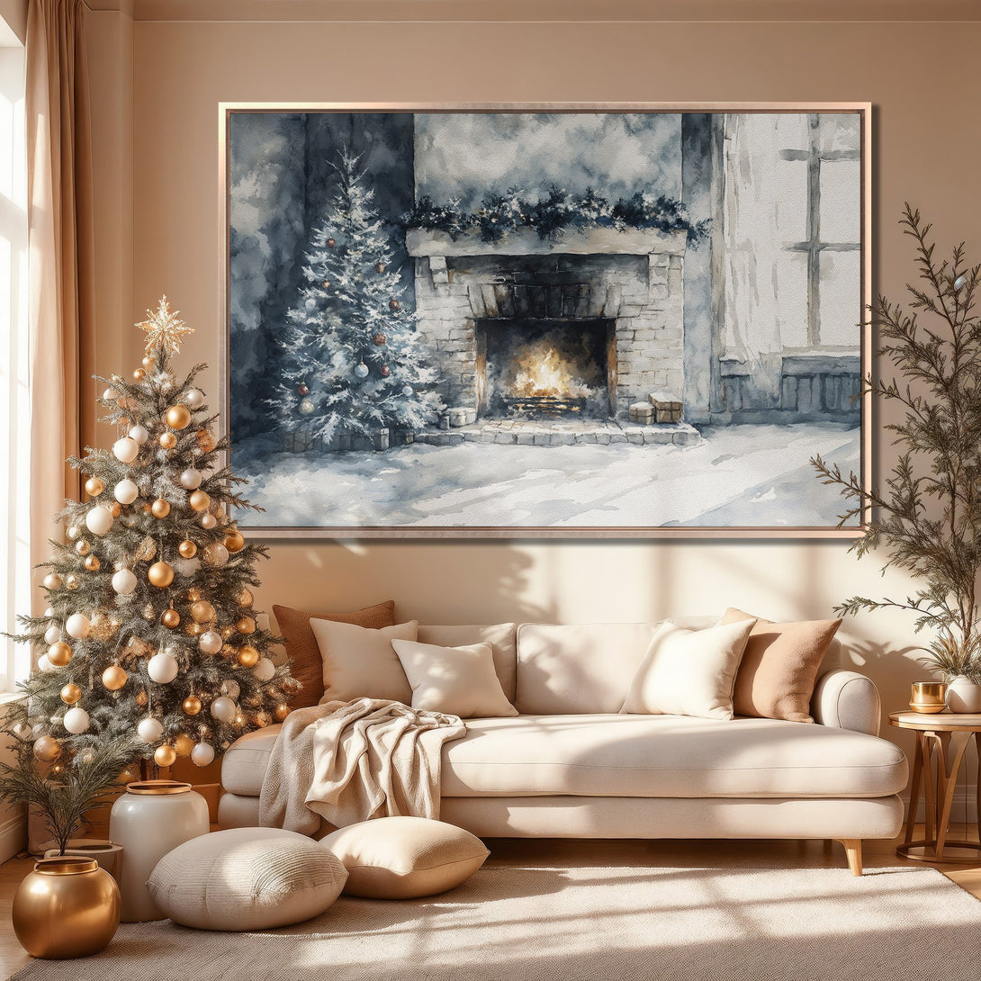 Framed Wall Art: Watercolor Christmas scene in neutral tones. Cozy living room decor with fireplace and tree. Perfect for holiday vibes.