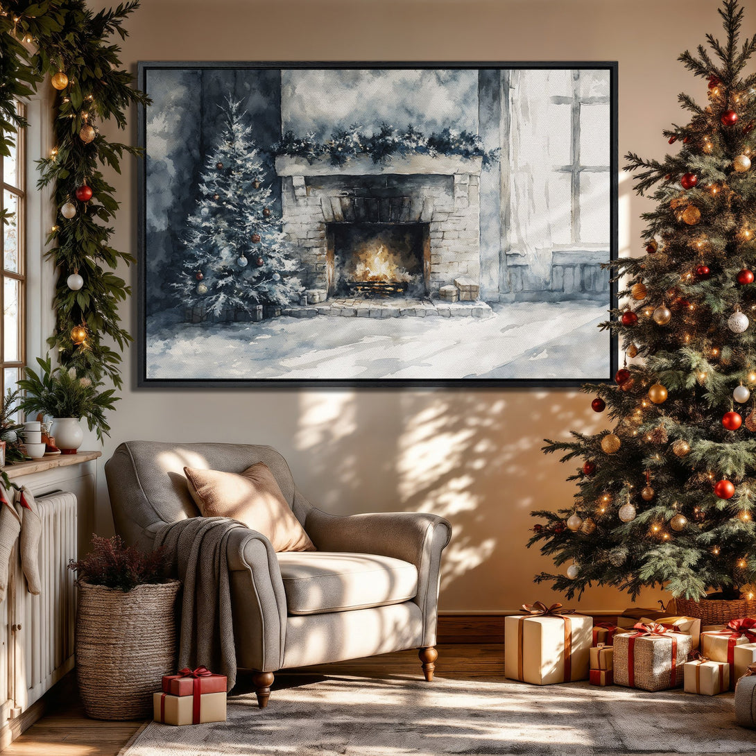 Framed Wall Art: Watercolor Christmas scene in a cozy interior. Features a fireplace, Christmas tree, and neutral color palette for a warm, inviting feel.