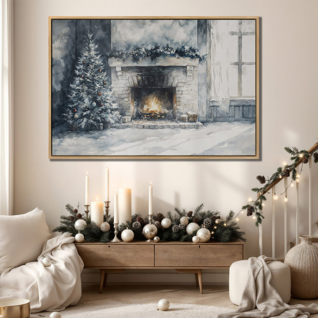 Framed Wall Art featuring a cozy watercolor Christmas scene with a fireplace and tree in a cool, muted palette. Perfect holiday decor!