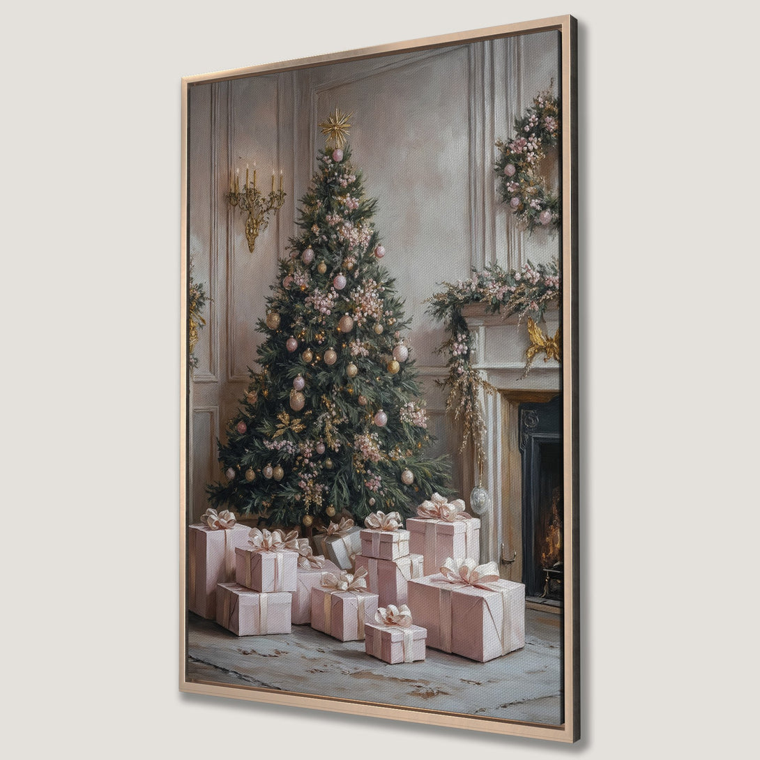 Framed Wall Art: Elegant Christmas scene with decorated tree, gifts, and fireplace. Soft, pastel color palette creates a cozy, festive atmosphere. Perfect holiday decor!