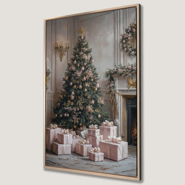 Framed Wall Art: Elegant Christmas scene with decorated tree, gifts, and fireplace. Soft, pastel color palette creates a cozy, festive atmosphere. Perfect holiday decor!