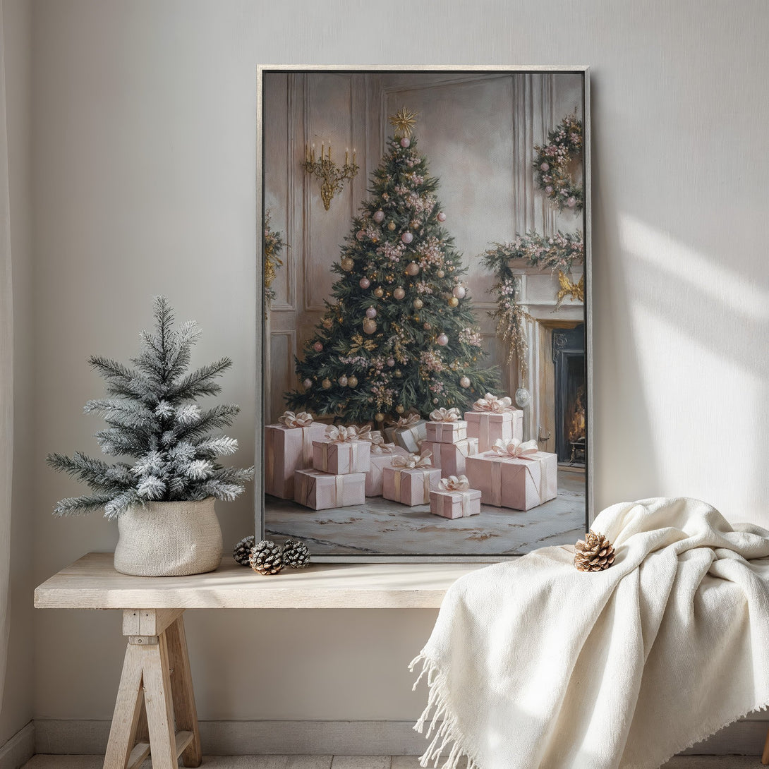 Framed Wall Art of a Christmas tree with gifts in a soft, pastel color palette. Perfect for holiday decor!