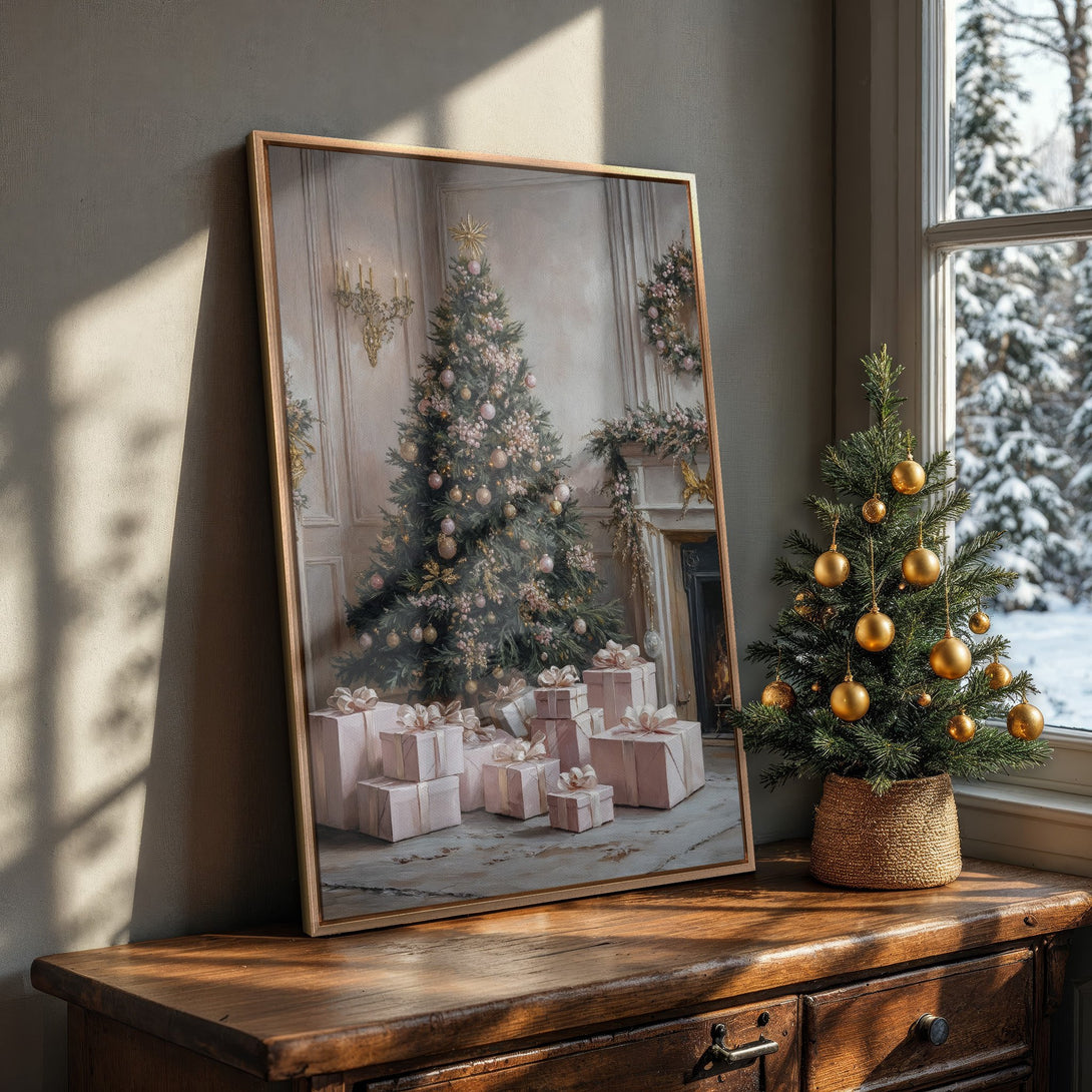 Framed Wall Art featuring a Christmas scene with a tree and gifts, in a soft, pastel color palette. Perfect holiday decor!
