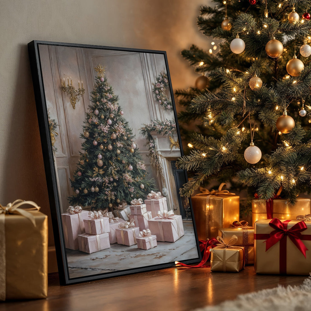 Framed Wall Art featuring a festive Christmas scene in a soft, painterly style. Warm gold, pink & green color palette. Perfect holiday decor.