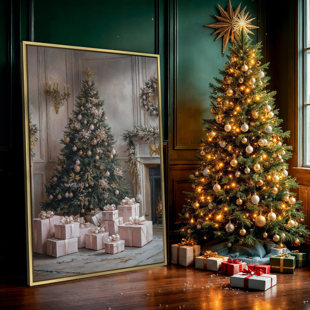 Canvas Print featuring a festive Christmas tree and gifts in a soft, pastel color palette. Elegant interior art for a cozy holiday vibe.