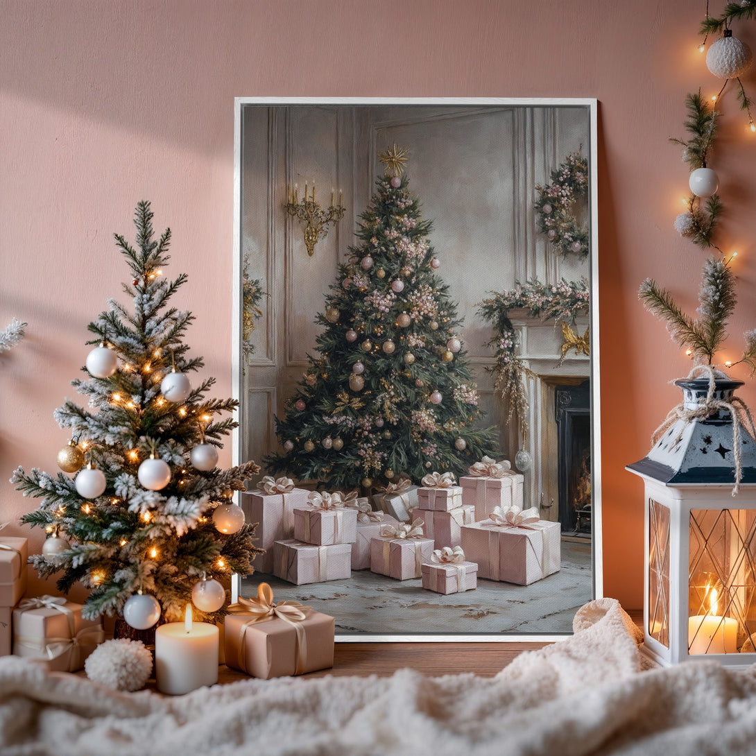 Framed Wall Art: Elegant Christmas tree scene in soft pink and neutral tones. Perfect for holiday decor and adding warmth to any room.