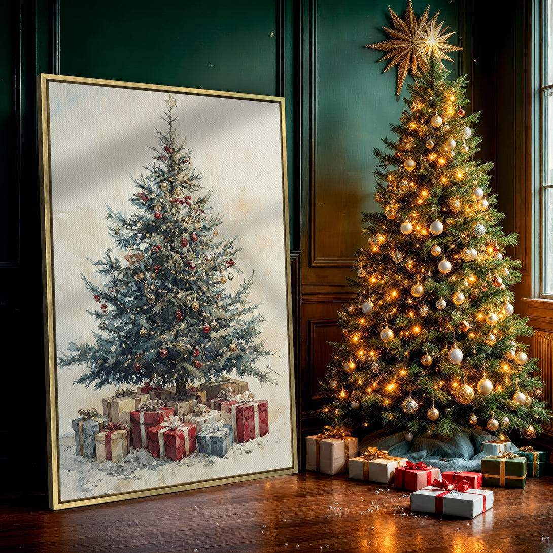 Canvas Print of a watercolor Christmas tree with gifts. Soft, muted colors create a cozy, festive vibe. Perfect holiday wall art.