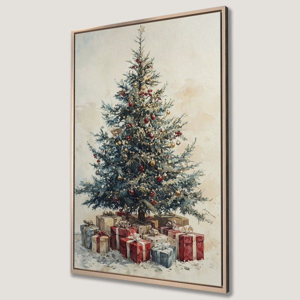 Framed Wall Art: Watercolor Christmas tree with gifts, featuring a festive color palette of red, gold, and blue. Perfect holiday decor!