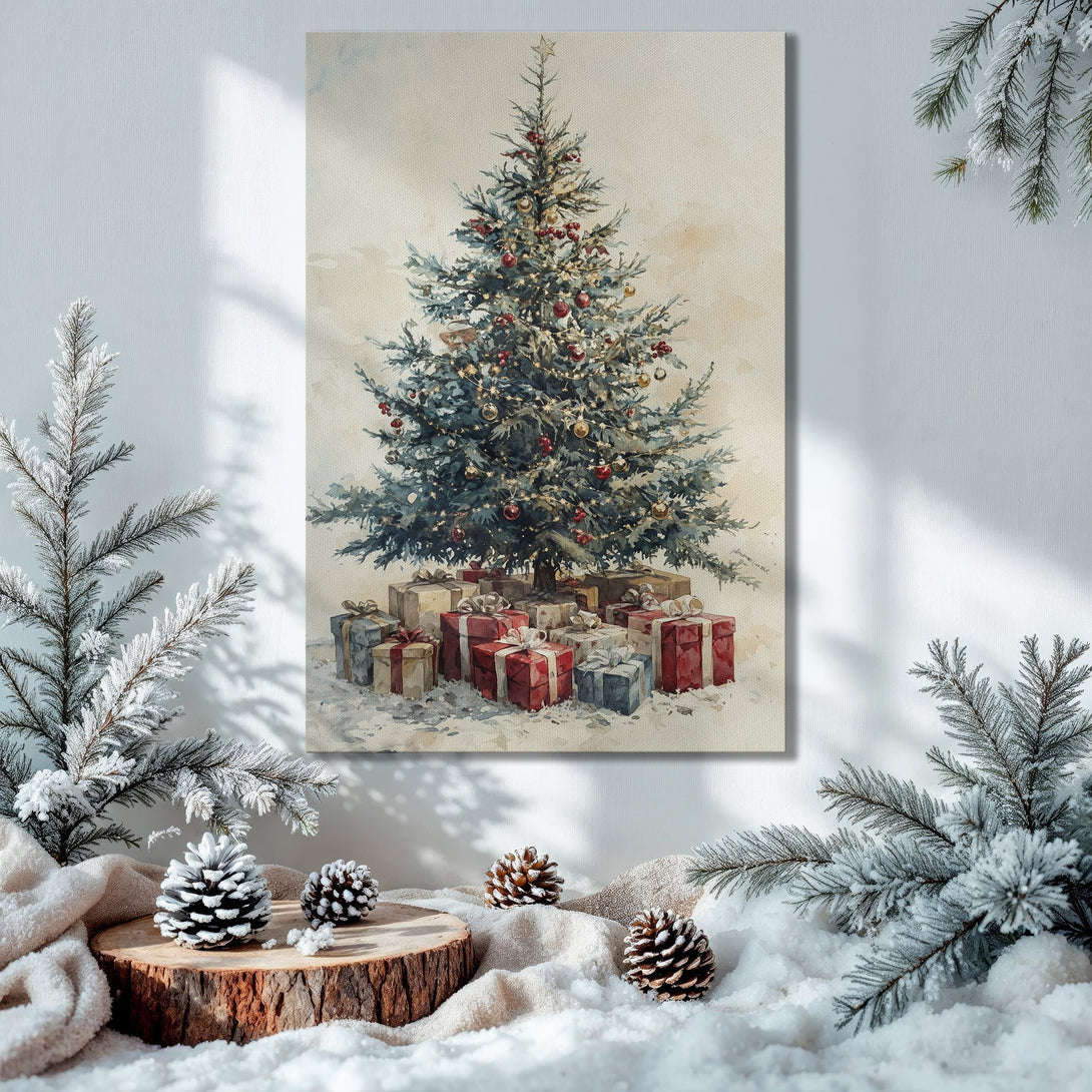 Framed Wall Art: Watercolor Christmas tree print with a gold frame, showcasing a festive holiday style in green, red, and gold tones.