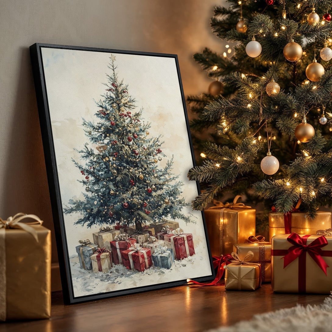 Framed Wall Art featuring a watercolor Christmas tree painting. Warm gold, red, and green color palette creates a cozy holiday vibe. Perfect for festive home decor!