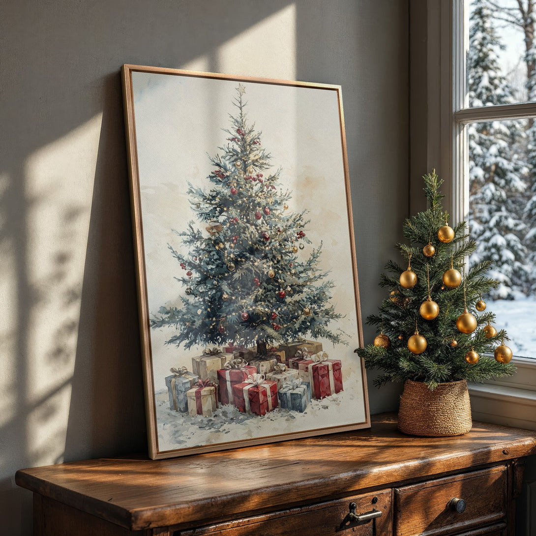 Framed Wall Art of a Christmas tree painting in watercolor style. Warm, inviting colors. Perfect holiday decor for your home.