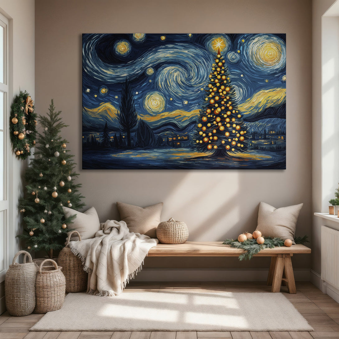 Framed Wall Art: Starry Night Christmas Tree. Impressionist style artwork in blue, gold, and yellow hues. Perfect holiday decor for a cozy living room.