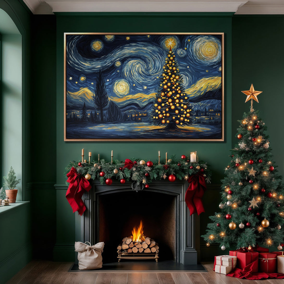 Framed Wall Art featuring a Van Gogh-style Christmas tree painting in a cozy, dark green interior. Blue and yellow color palette, perfect for holiday decor.