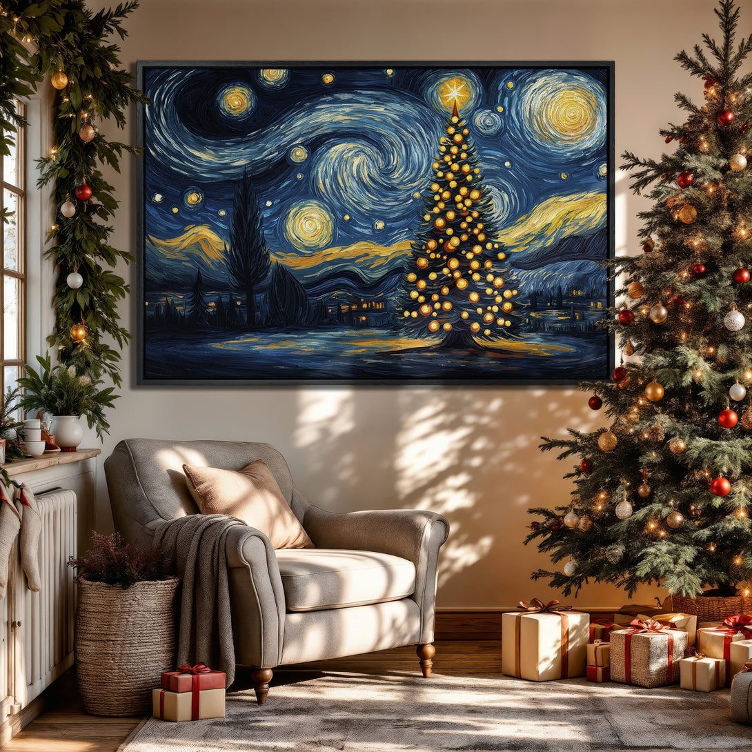 Framed Wall Art featuring a Van Gogh-style Christmas tree, with a blue and yellow color palette, displayed in a cozy interior setting.