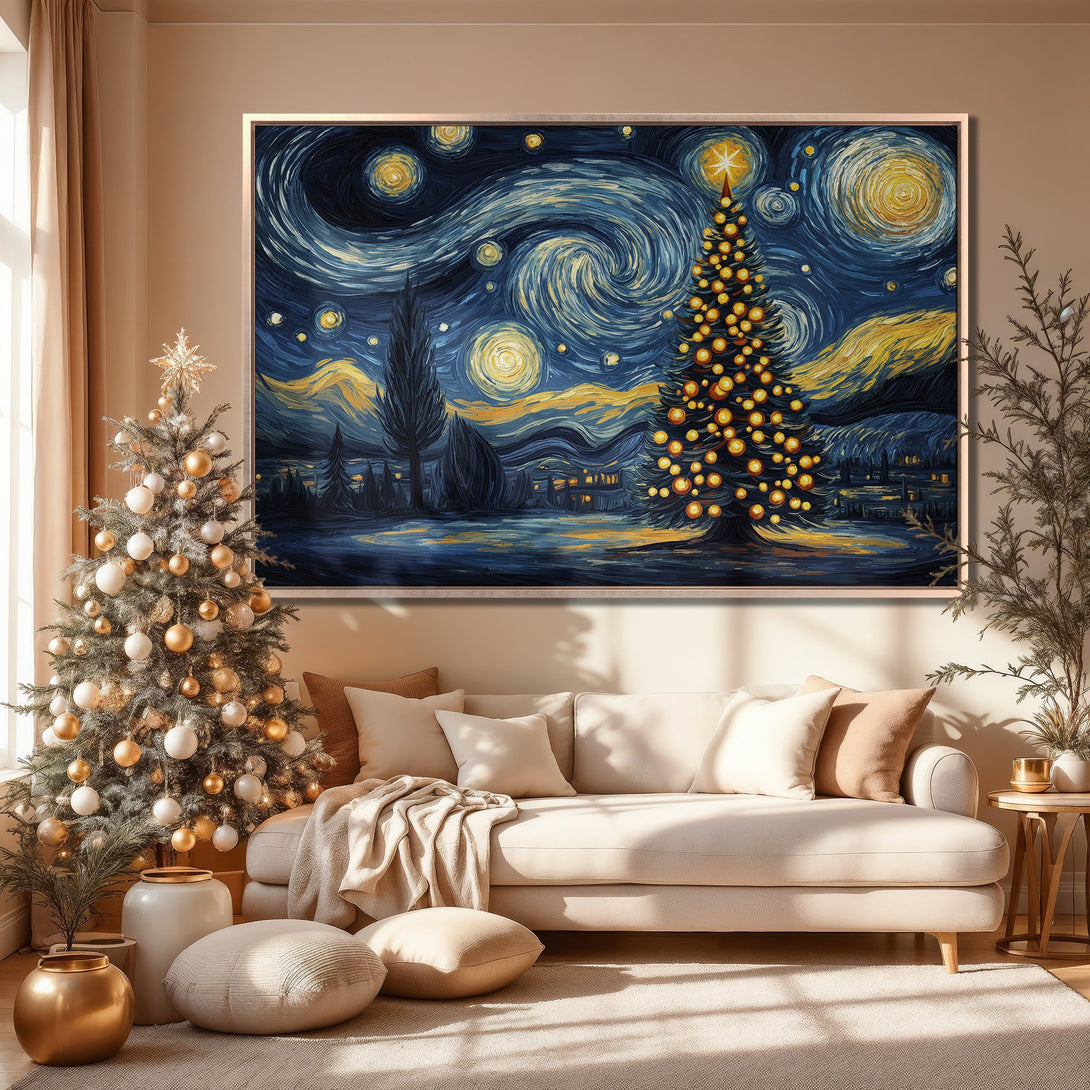 Framed Wall Art: Starry Night Christmas tree canvas print. Impressionist style with blue and yellow hues, perfect for holiday decor.