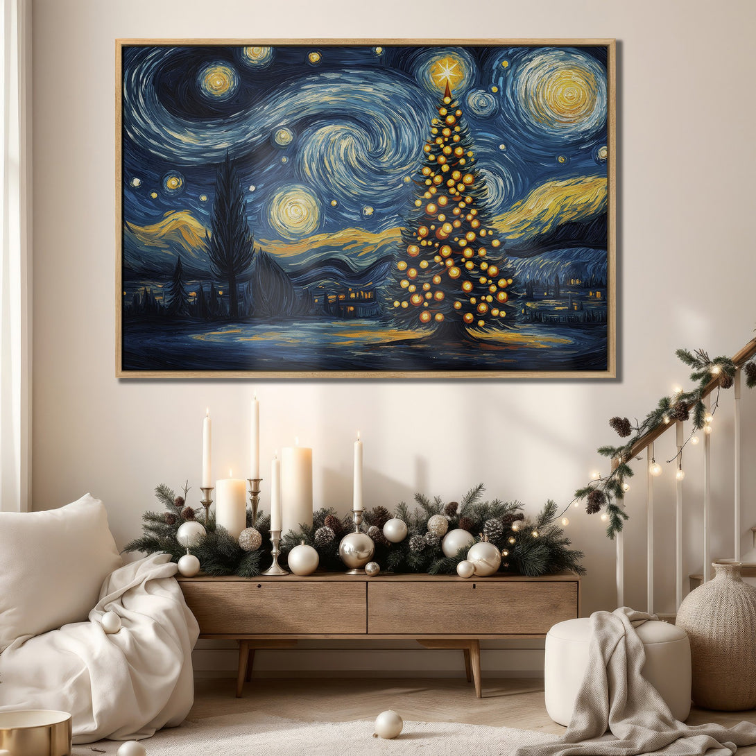 Framed Wall Art: Starry Night Christmas Tree print in blue and gold. Perfect holiday decor, adds a touch of Van Gogh style to any room.