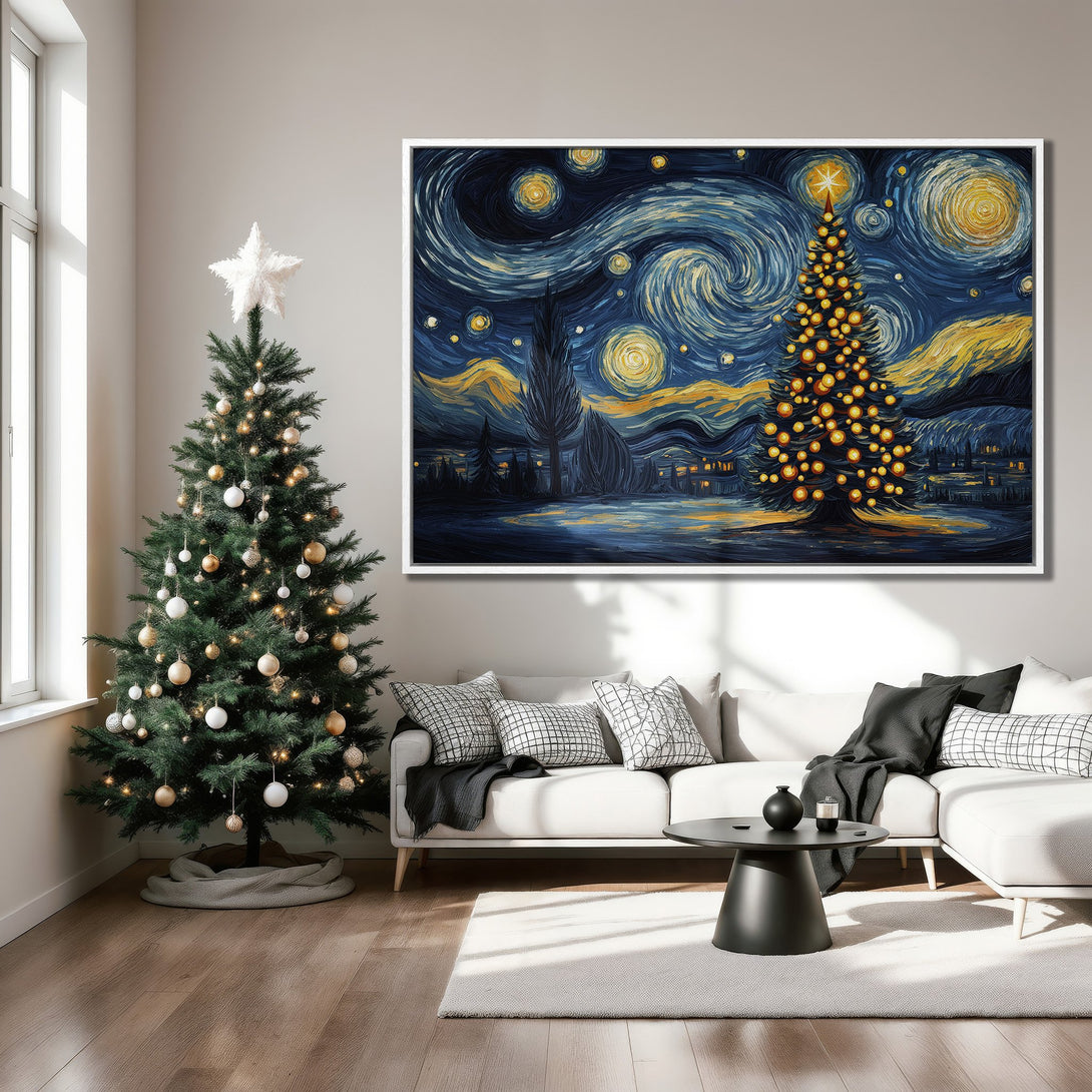 Framed Wall Art: Starry Night Christmas Tree painting in a living room. Blue, gold, and white color palette. Perfect holiday decor.