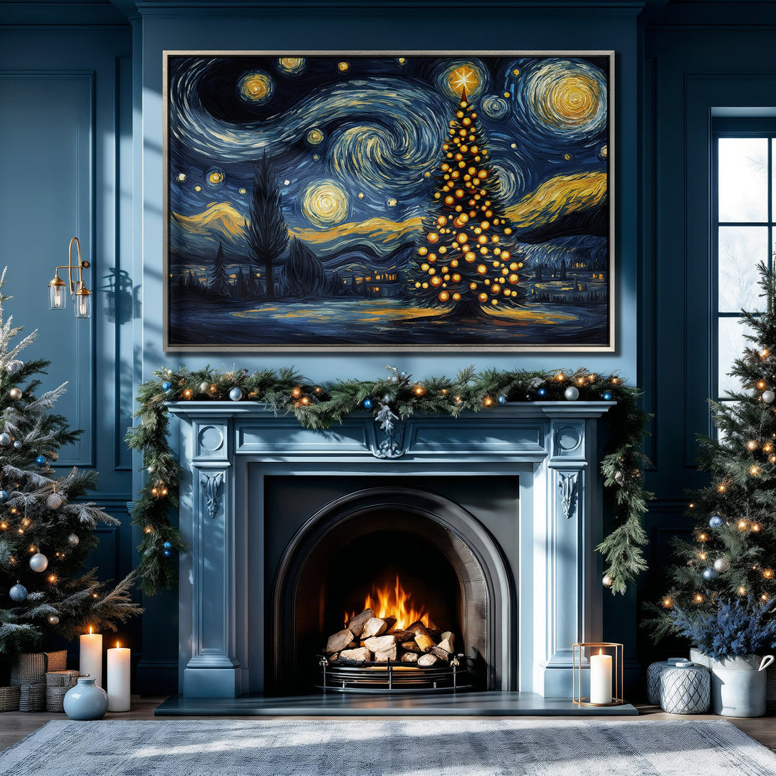 Framed Wall Art: Starry Night Christmas tree canvas print in a cozy blue interior. Features Van Gogh style with blue, gold & yellow hues, perfect holiday decor.
